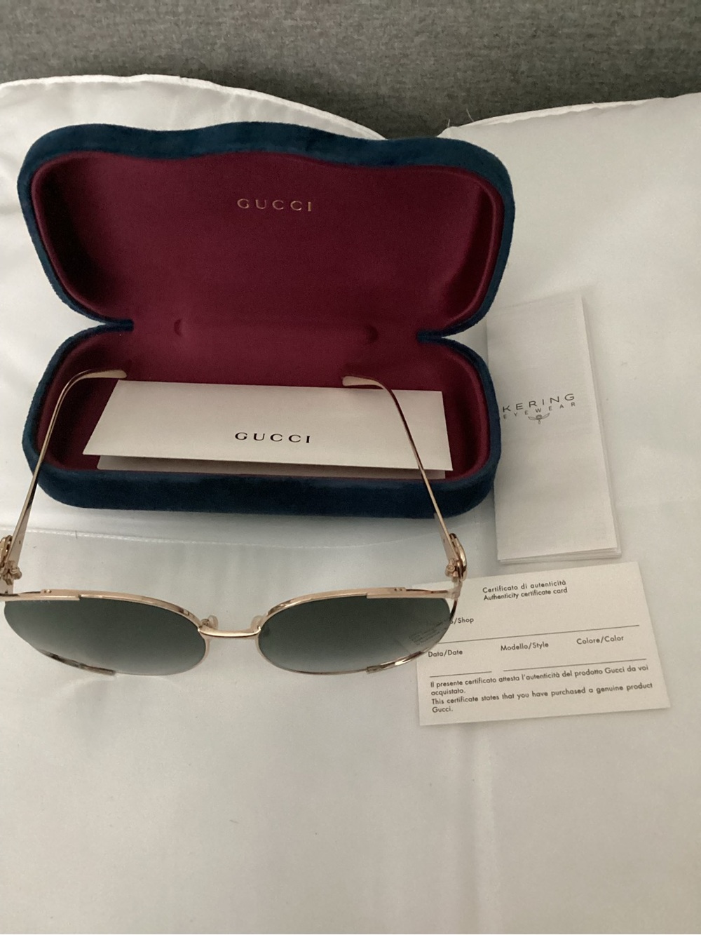 Gucci Gold Frame Black Lens Women's Sunglasses with Green-Red Temple Accent